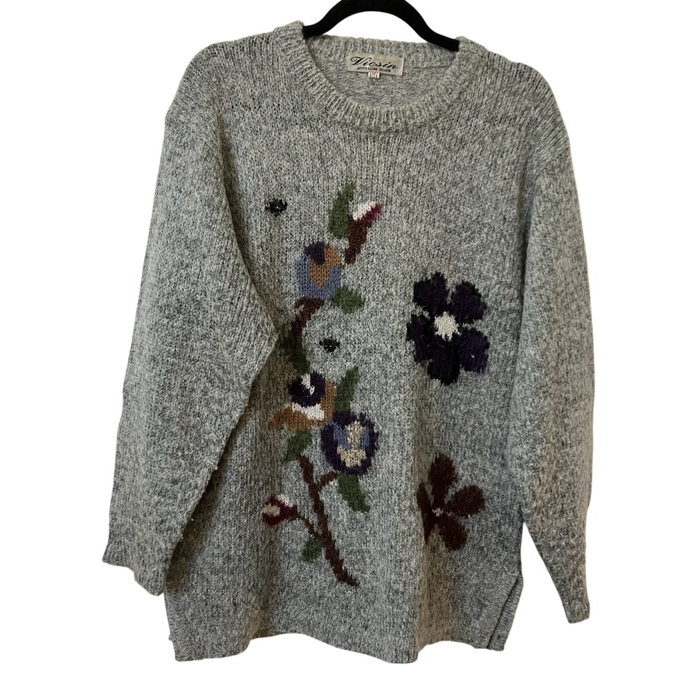Vicsin Australian Design Mohair Blend Floral Intarsia Sweater Grey Size M